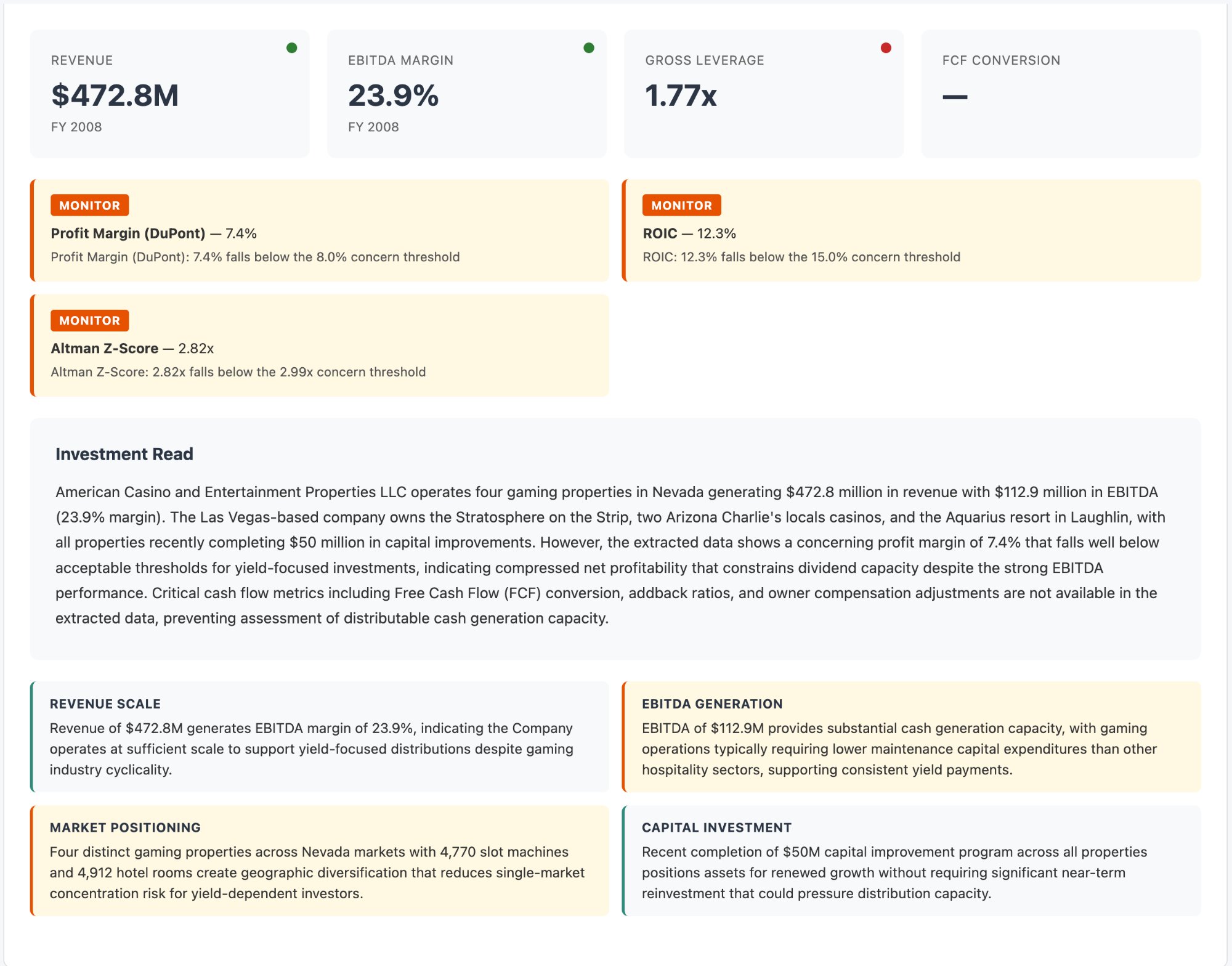 CIMCalc report — financial dashboard with computed metrics and verdicts